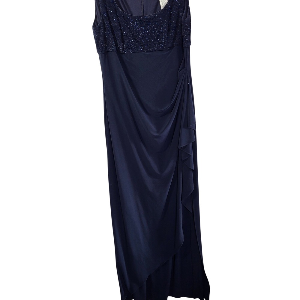 Alex Evenings Petite Navy Blue Sequined Lace Formal Gown Dress 10P Draped